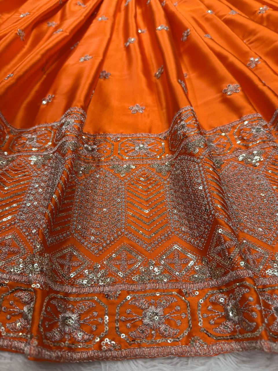 Orange satin silk thread with sequence work lehenga choli