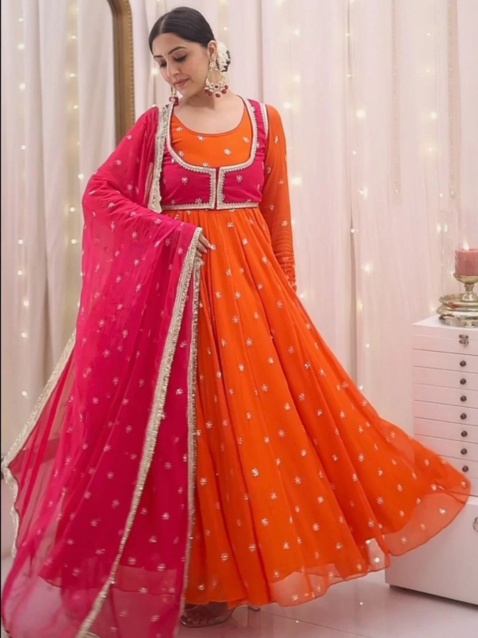 Orange faux georgette thread & sequence work anarkali kothi pent and dupatta set