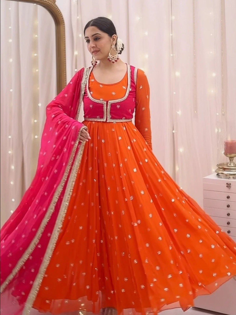 Orange faux georgette thread & sequence work anarkali kothi pent and dupatta set