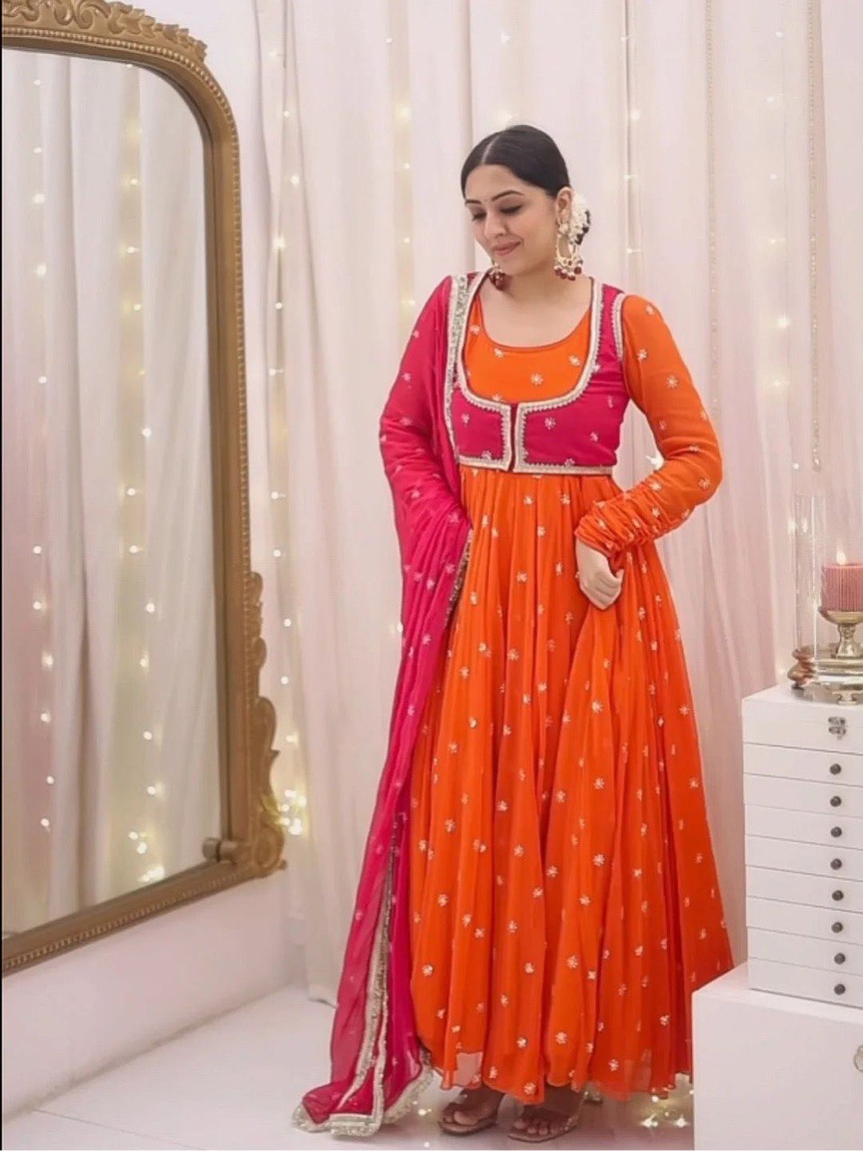 Orange faux georgette thread & sequence work anarkali kothi pent and dupatta set