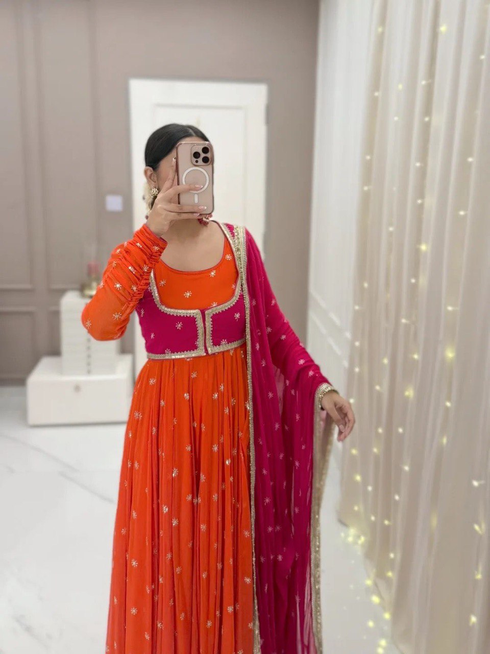 Orange faux georgette thread & sequence work anarkali kothi pent and dupatta set