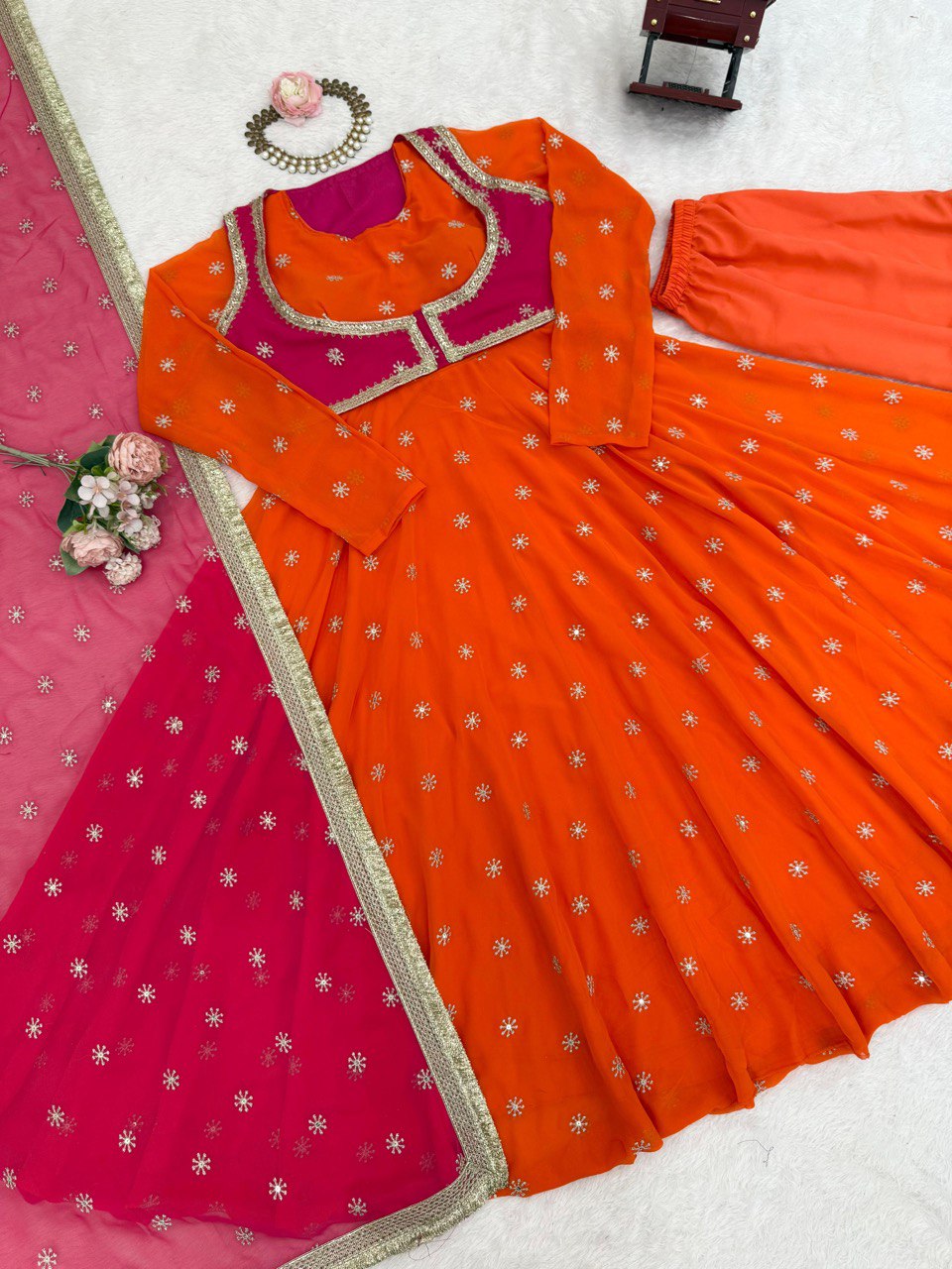 Orange faux georgette thread & sequence work anarkali kothi pent and dupatta set