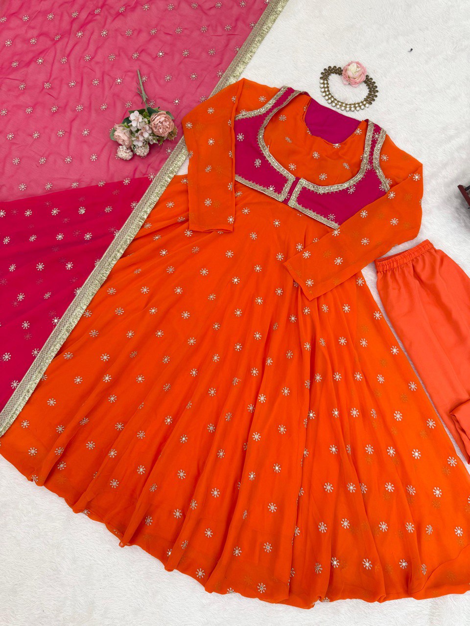 Orange faux georgette thread & sequence work anarkali kothi pent and dupatta set