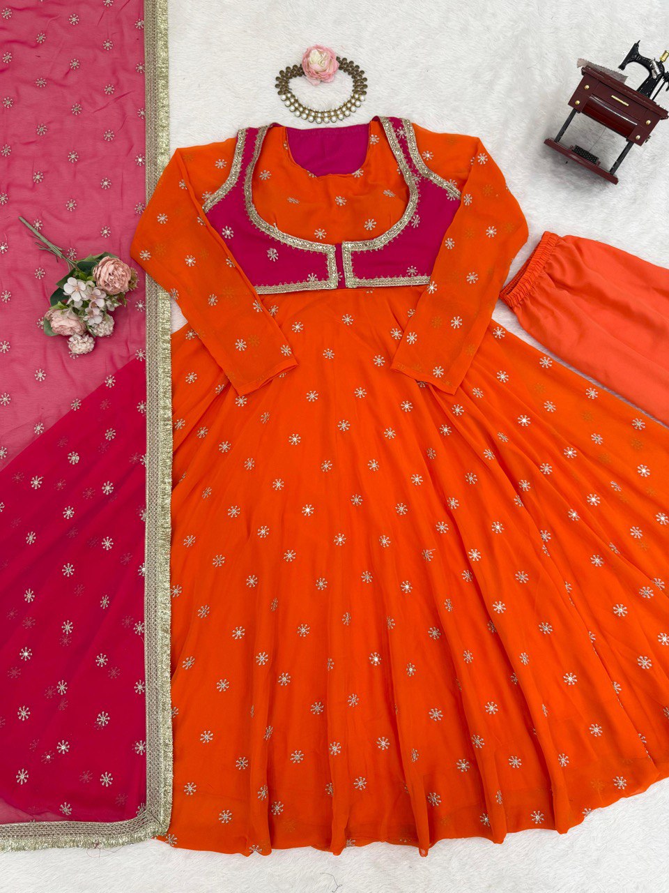 Orange faux georgette thread & sequence work anarkali kothi pent and dupatta set