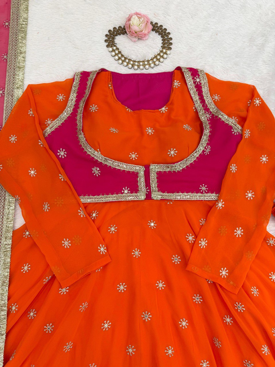 Orange faux georgette thread & sequence work anarkali kothi pent and dupatta set