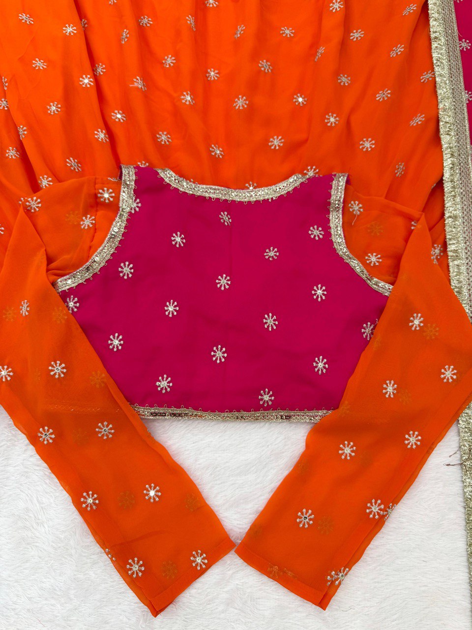 Orange faux georgette thread & sequence work anarkali kothi pent and dupatta set