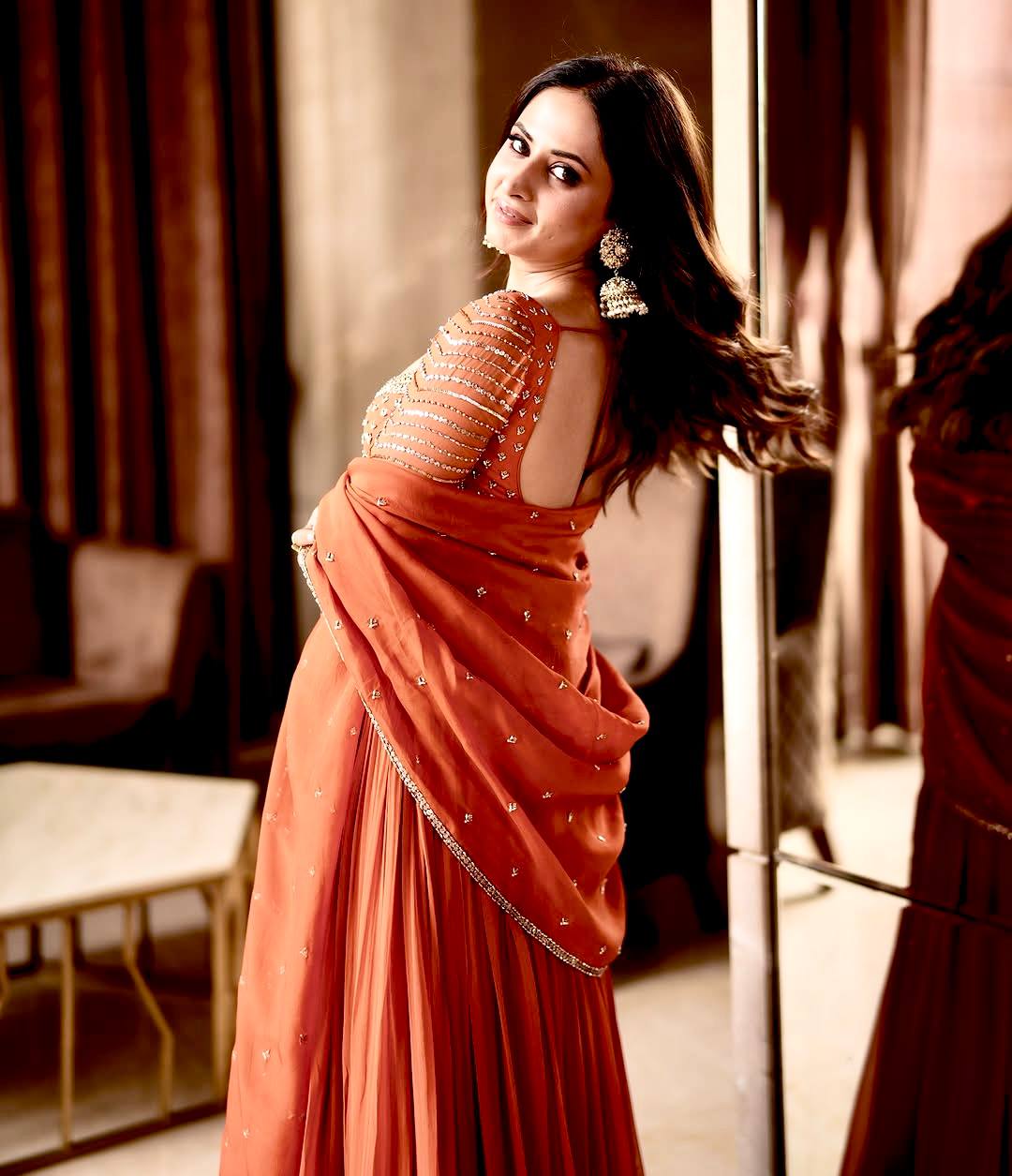 Orange blooming georgette sequins embroidery work grown and dupatta