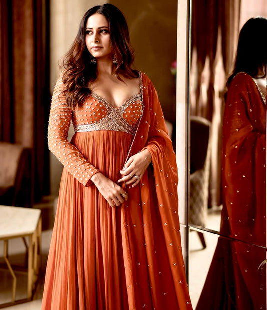 Orange blooming georgette sequins embroidery work grown and dupatta