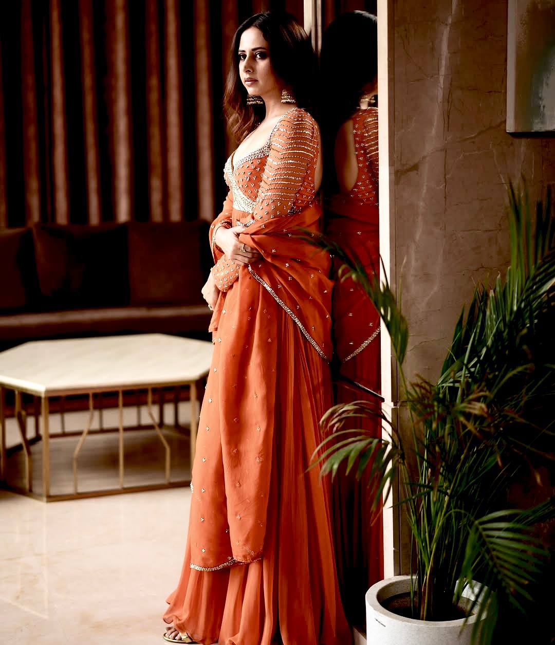 Orange blooming georgette sequins embroidery work grown and dupatta