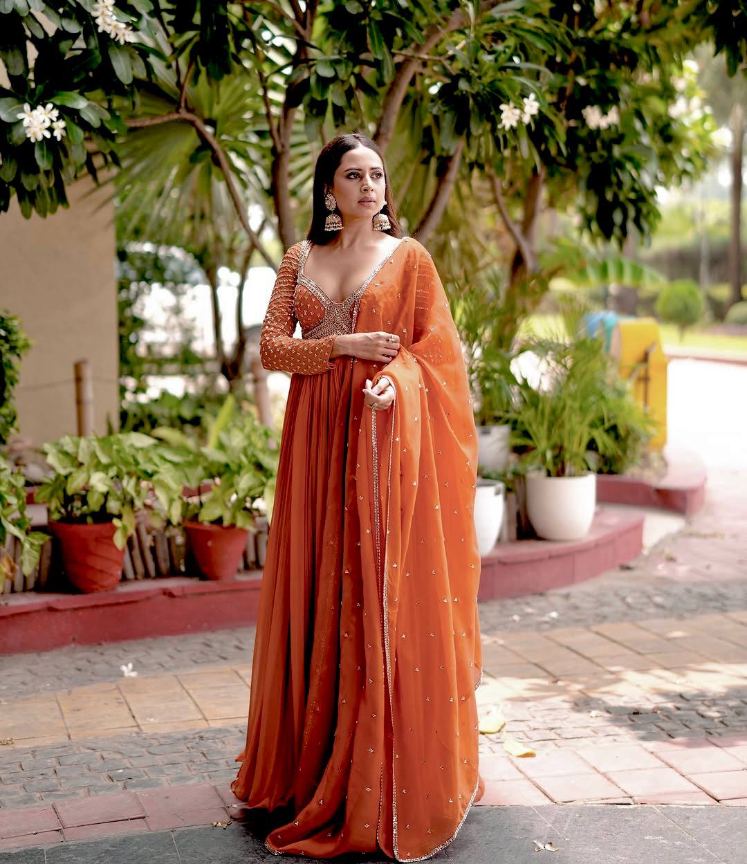 Orange blooming georgette sequins embroidery work grown and dupatta