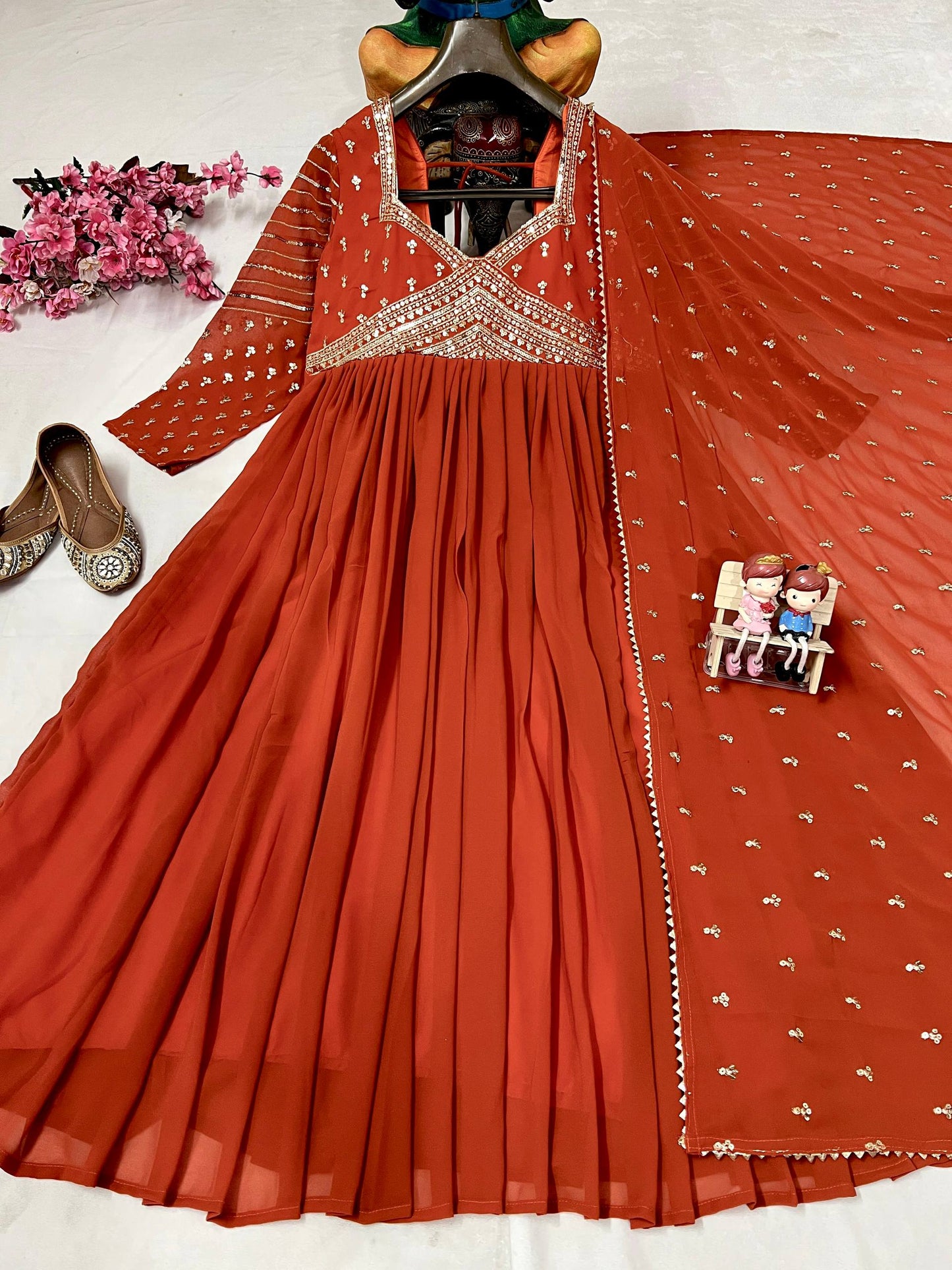 Orange blooming georgette sequins embroidery work grown and dupatta