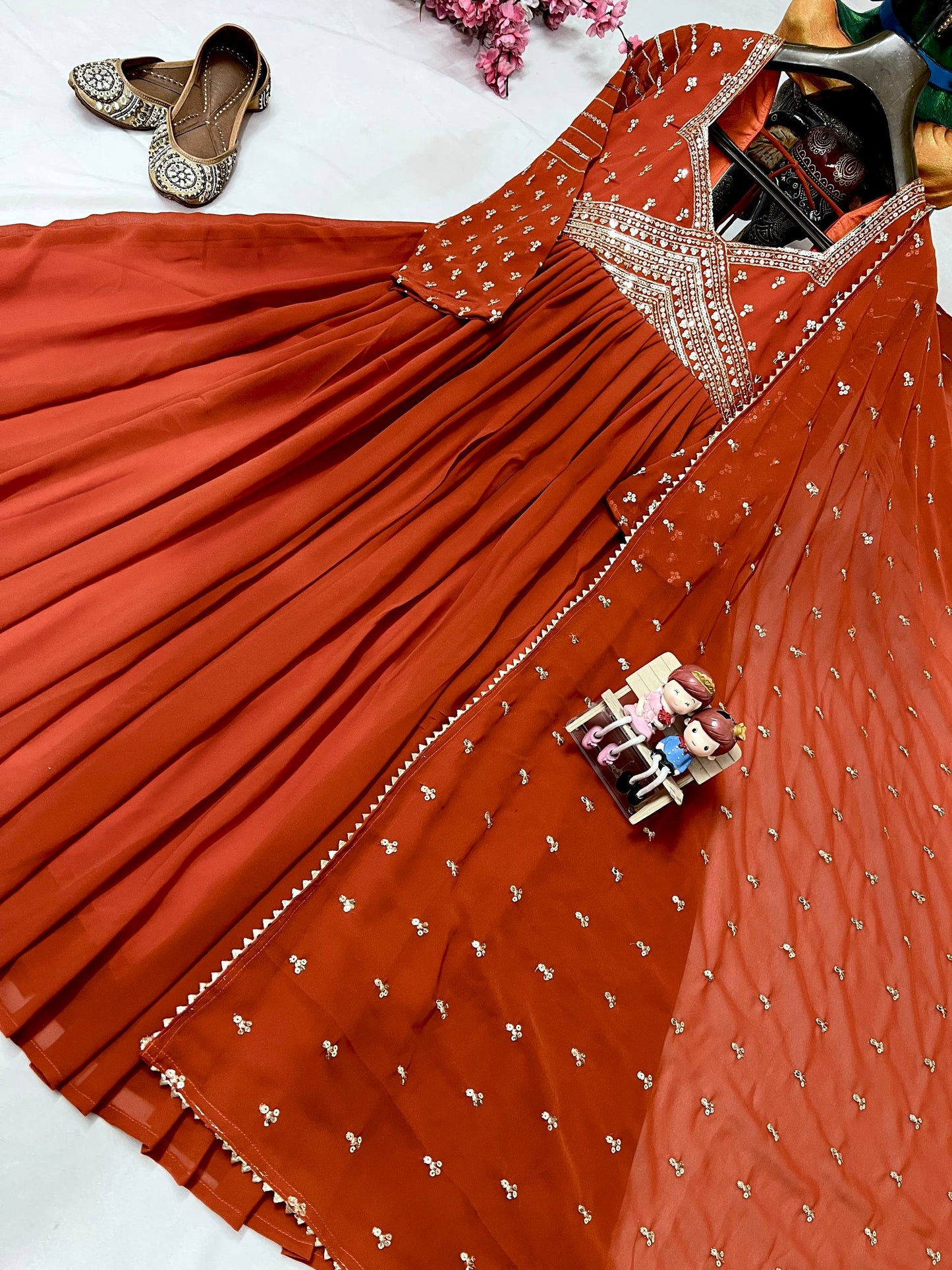 Orange blooming georgette sequins embroidery work grown and dupatta