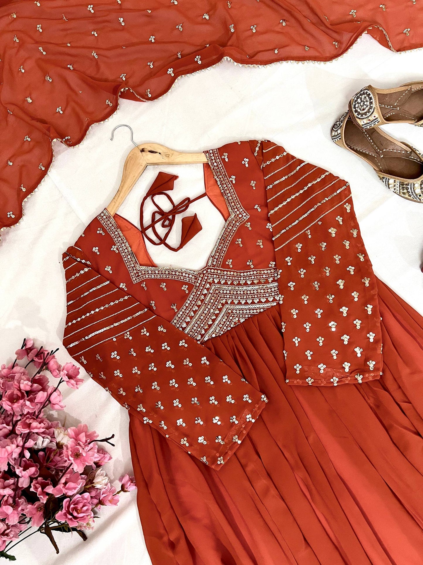 Orange blooming georgette sequins embroidery work grown and dupatta