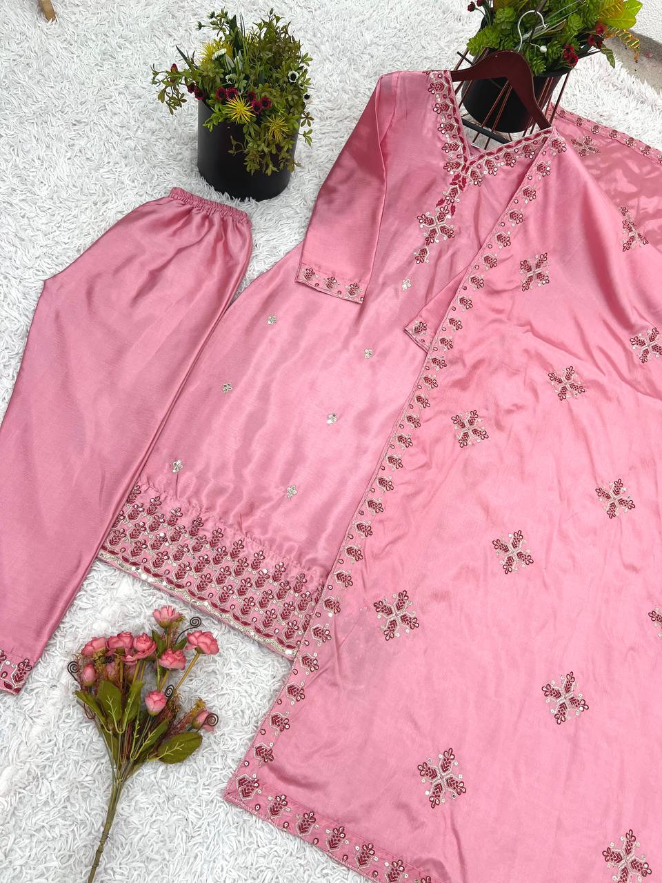Pink heavy pure chinon silk heavy embroidery work party wear look top-bottom and dupatta