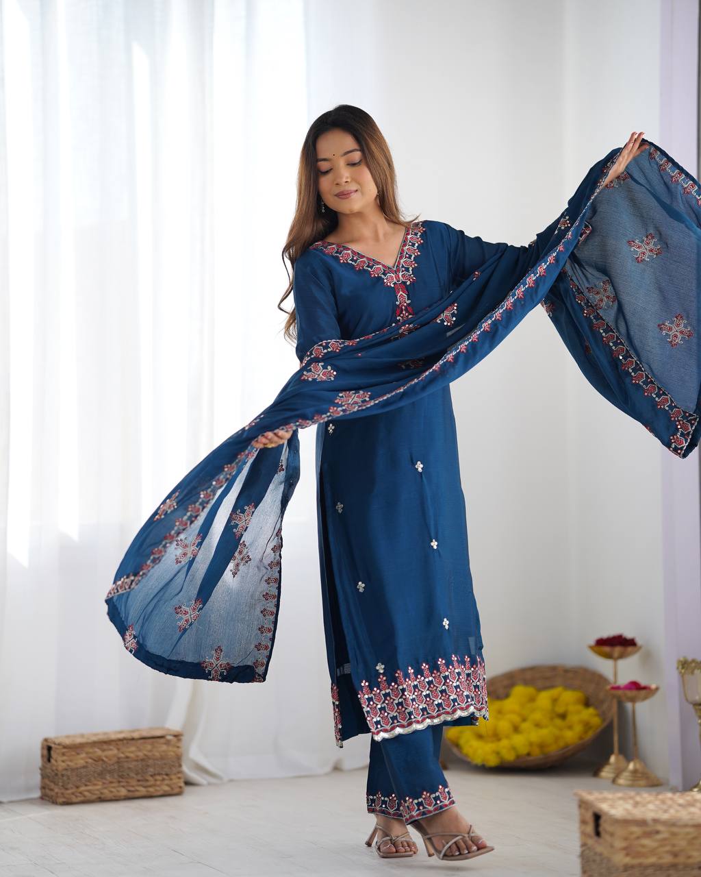 Navy Blue heavy pure chinon silk heavy embroidery work party wear look top-bottom and dupatta