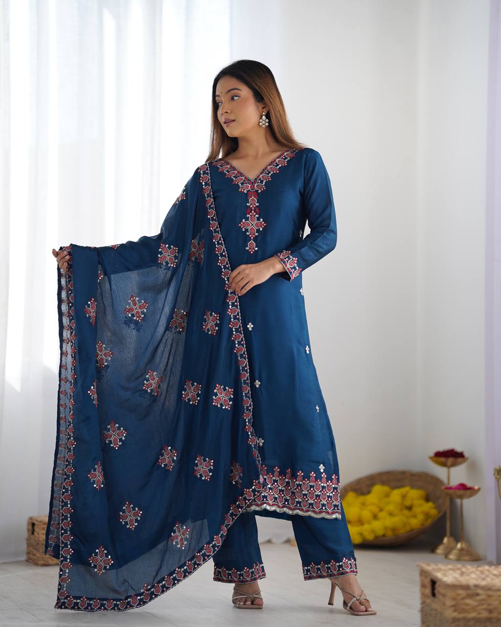 Navy Blue heavy pure chinon silk heavy embroidery work party wear look top-bottom and dupatta