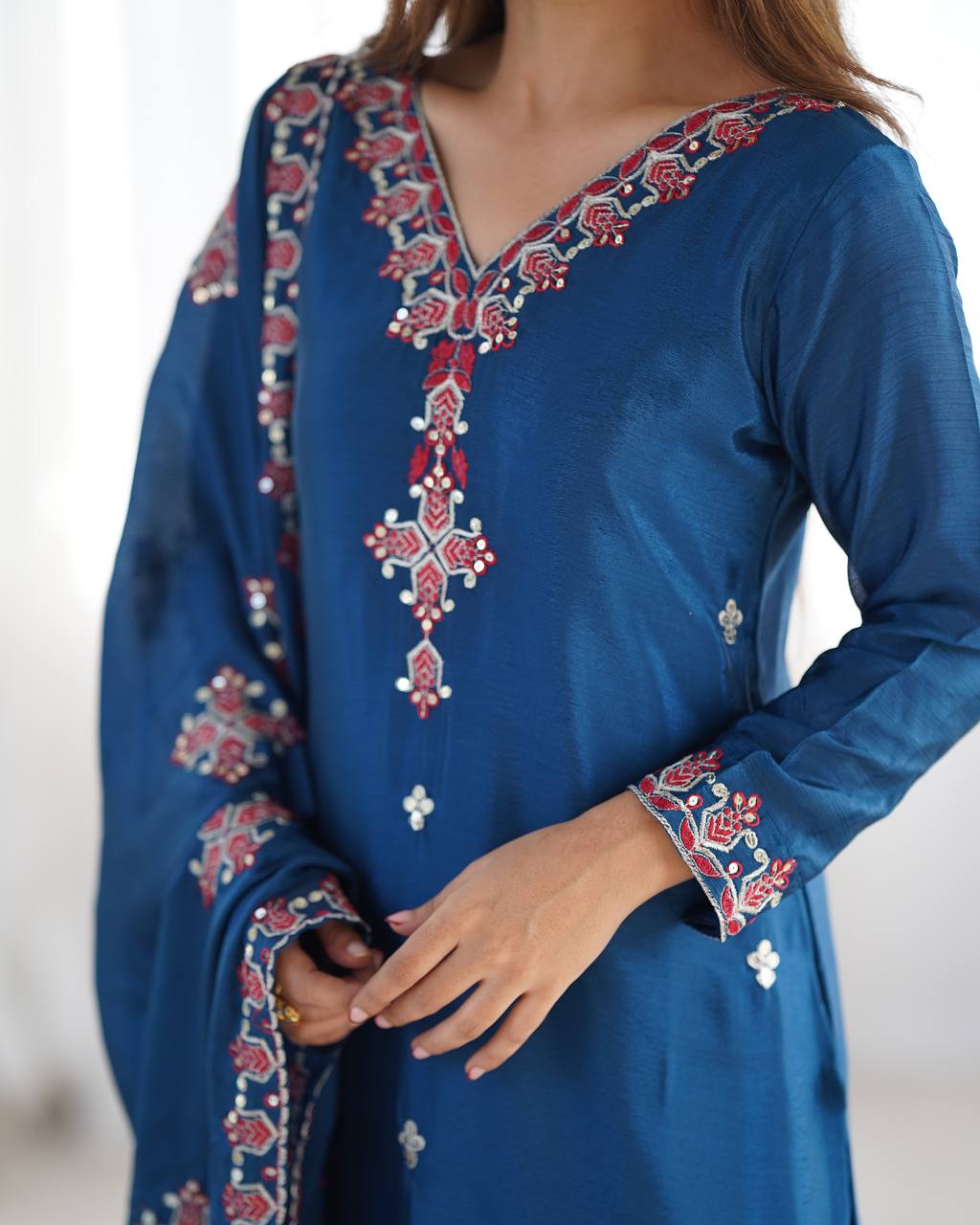 Navy Blue heavy pure chinon silk heavy embroidery work party wear look top-bottom and dupatta
