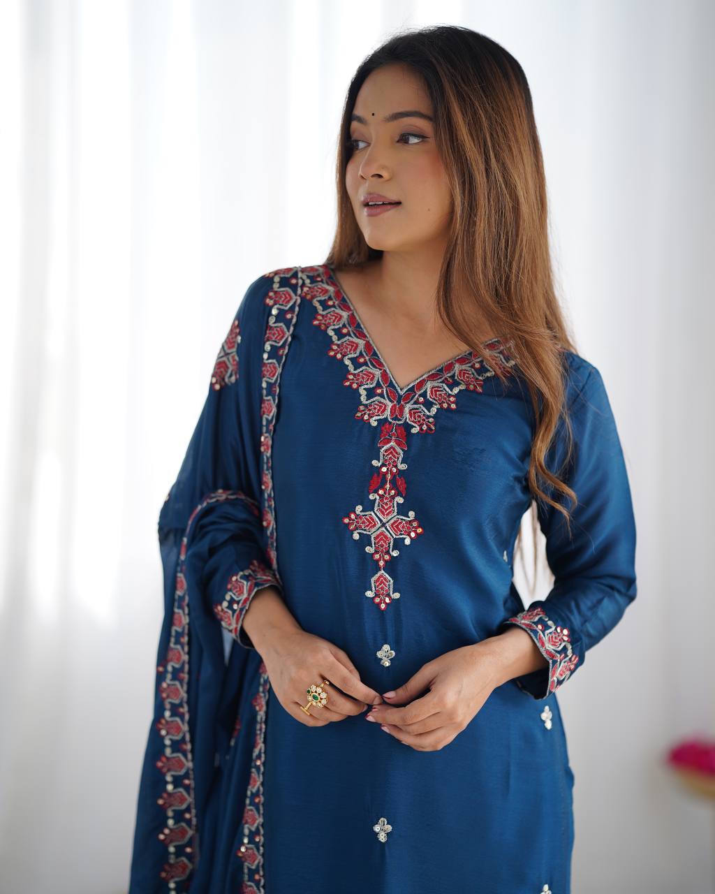 Navy Blue heavy pure chinon silk heavy embroidery work party wear look top-bottom and dupatta