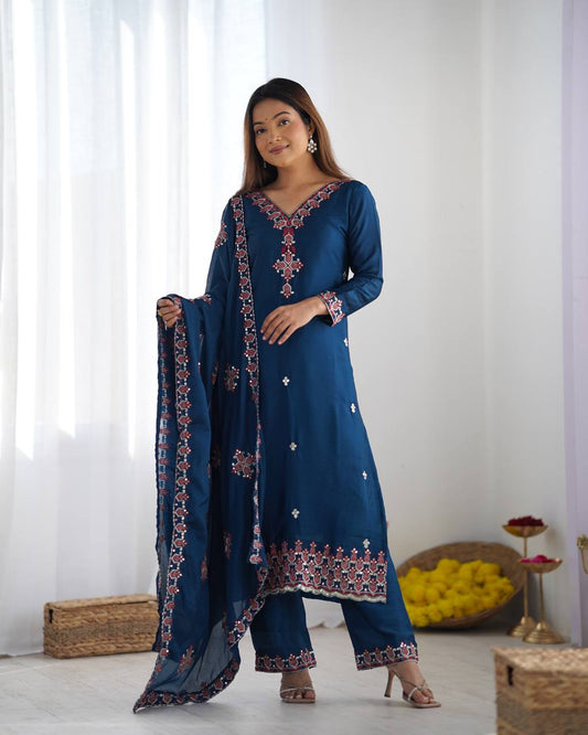 Navy Blue heavy pure chinon silk heavy embroidery work party wear look top-bottom and dupatta
