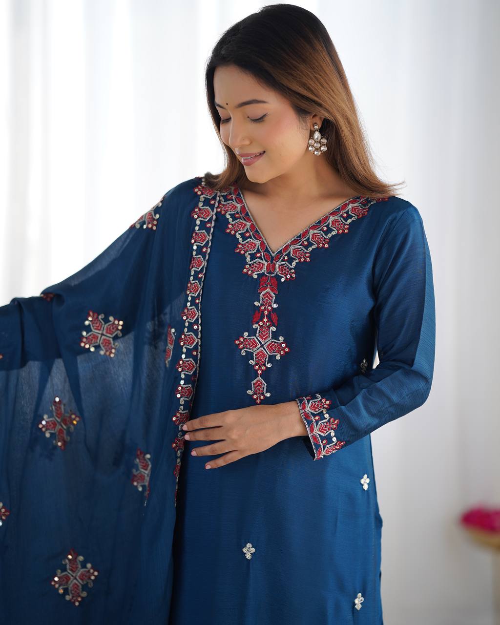 Navy Blue heavy pure chinon silk heavy embroidery work party wear look top-bottom and dupatta
