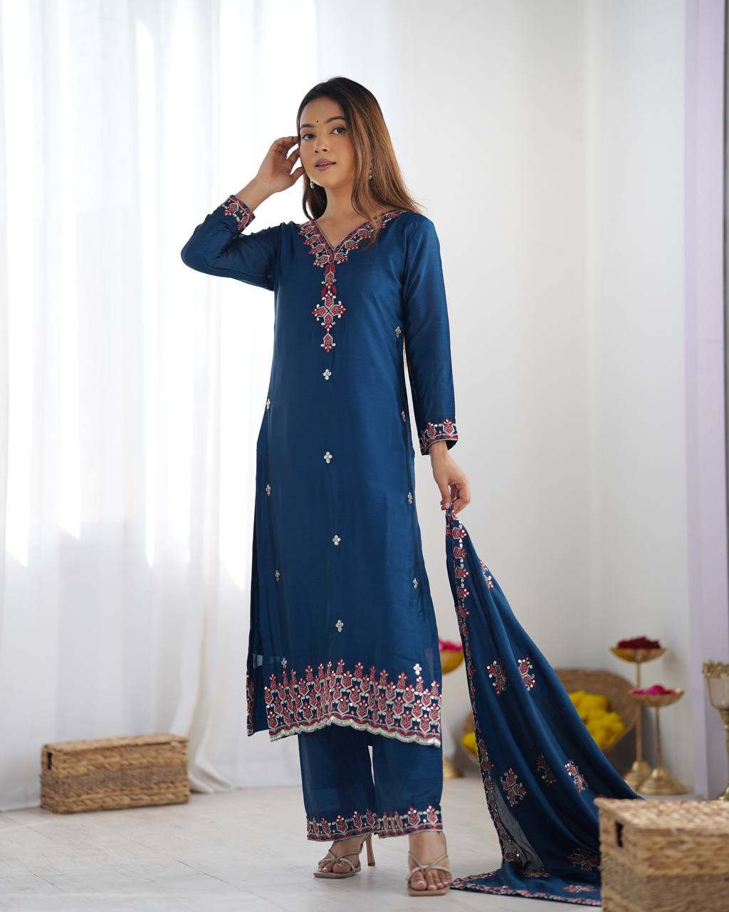 Navy Blue heavy pure chinon silk heavy embroidery work party wear look top-bottom and dupatta