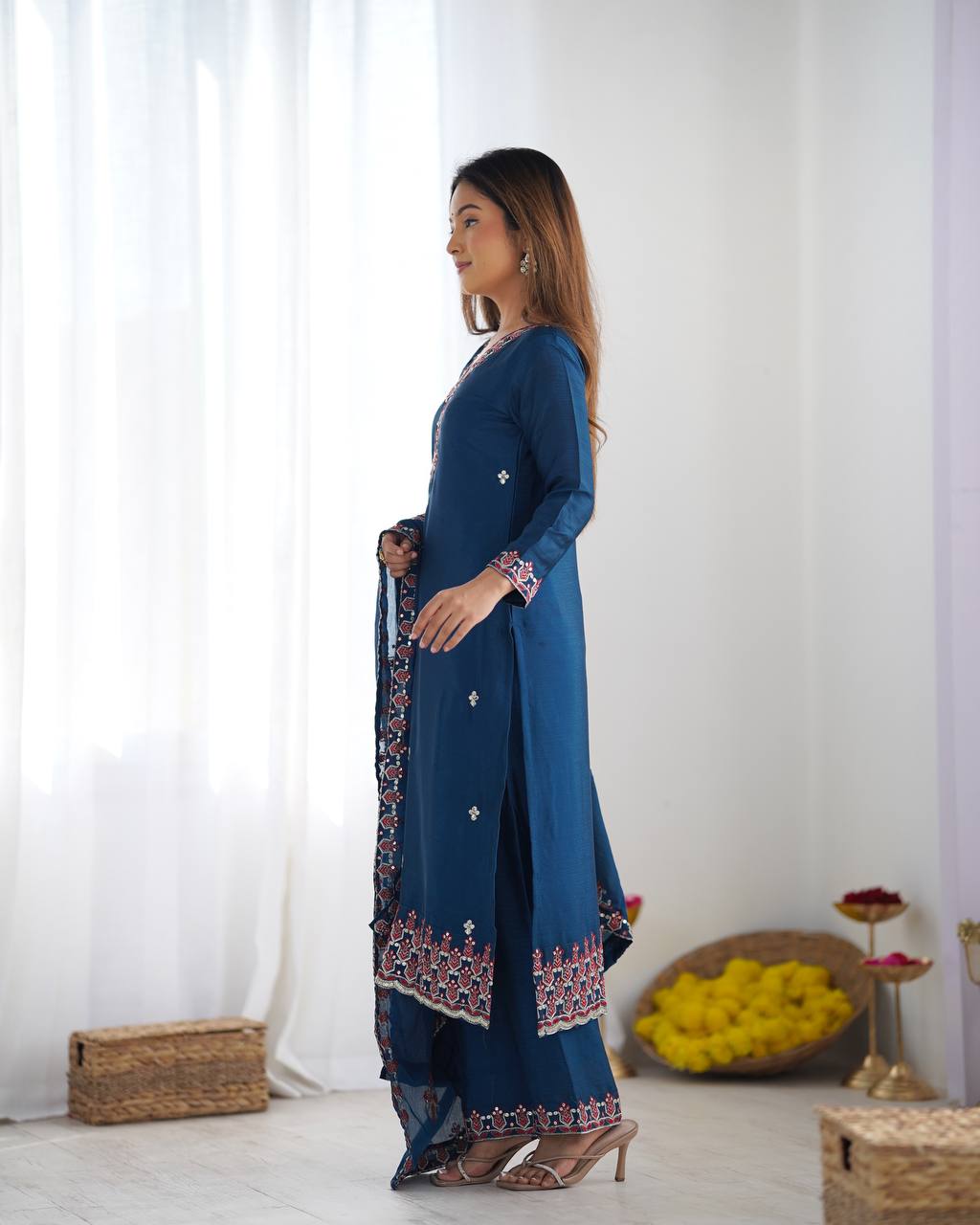 Navy Blue heavy pure chinon silk heavy embroidery work party wear look top-bottom and dupatta