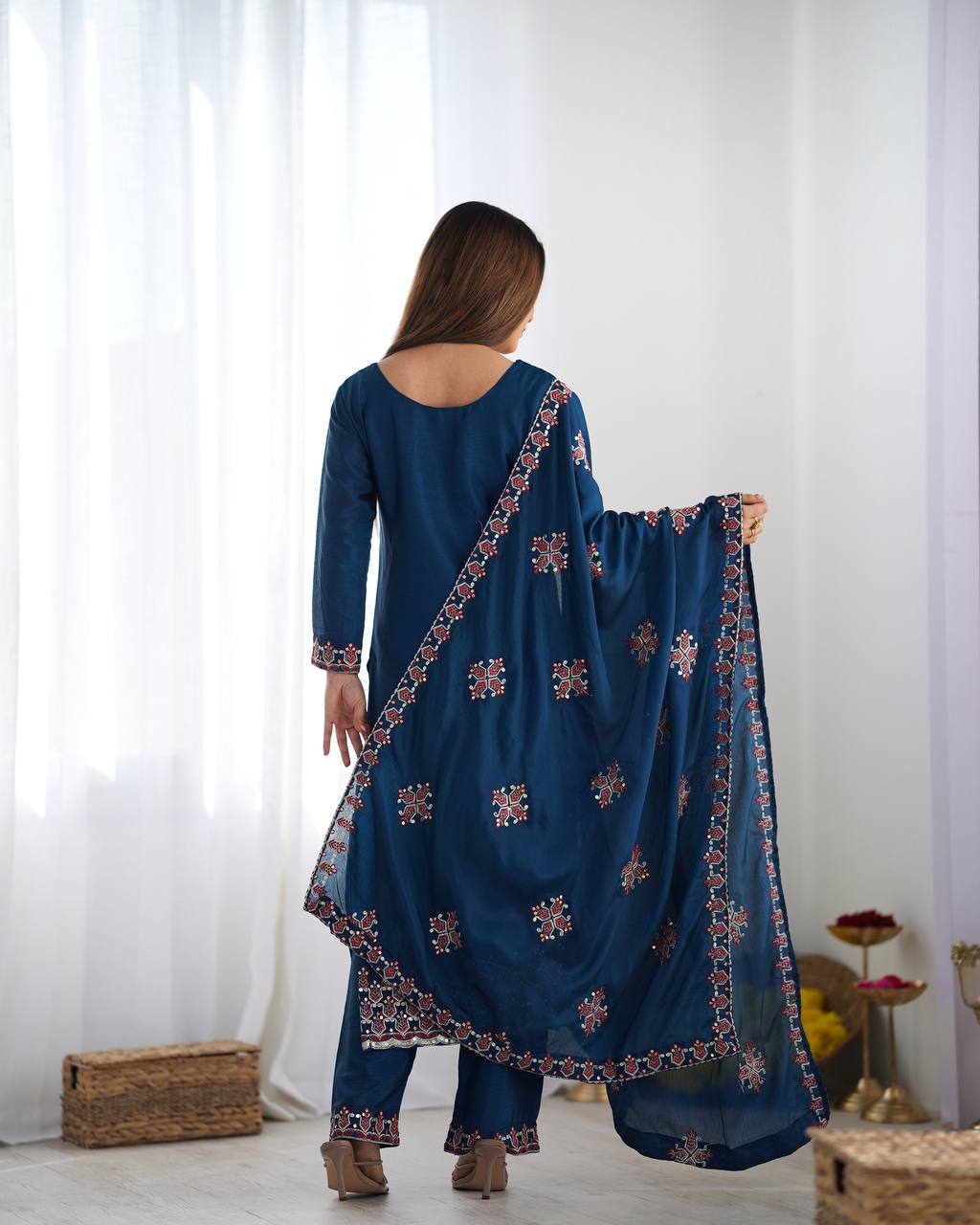 Navy Blue heavy pure chinon silk heavy embroidery work party wear look top-bottom and dupatta