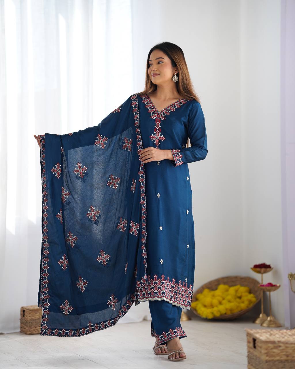 Navy Blue heavy pure chinon silk heavy embroidery work party wear look top-bottom and dupatta