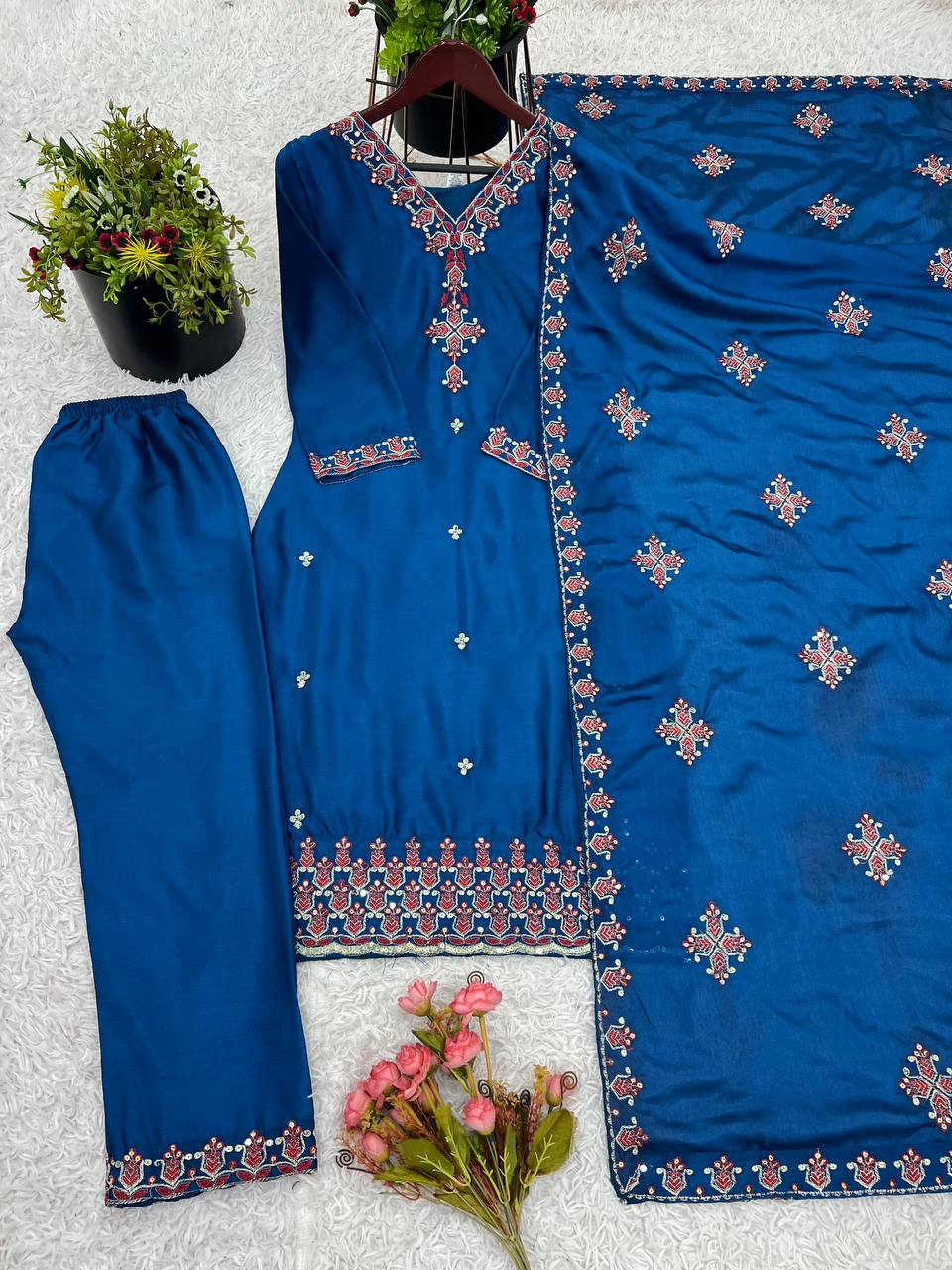 Navy Blue heavy pure chinon silk heavy embroidery work party wear look top-bottom and dupatta
