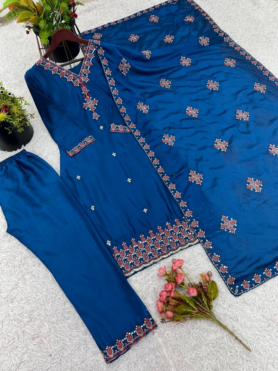 Navy Blue heavy pure chinon silk heavy embroidery work party wear look top-bottom and dupatta