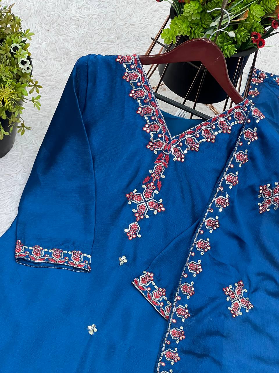 Navy Blue heavy pure chinon silk heavy embroidery work party wear look top-bottom and dupatta