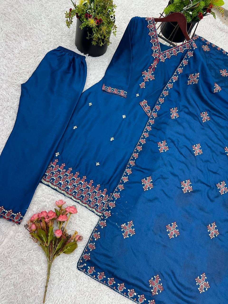 Navy Blue heavy pure chinon silk heavy embroidery work party wear look top-bottom and dupatta