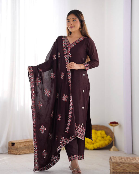 Purple heavy pure chinon silk heavy embroidery work party wear look top-bottom and dupatta