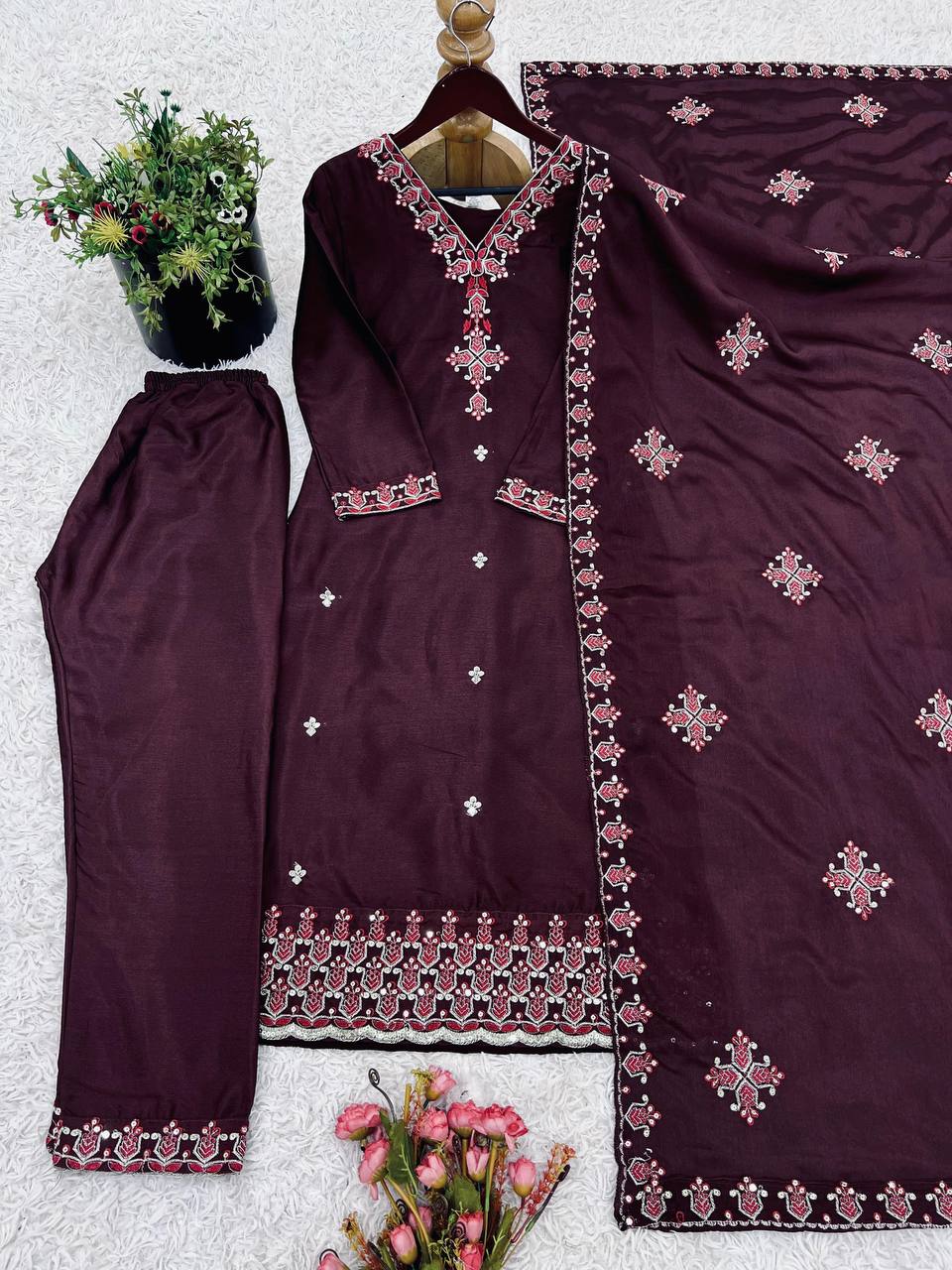 Purple heavy pure chinon silk heavy embroidery work party wear look top-bottom and dupatta