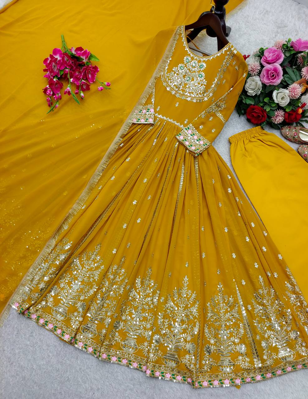 Presenting New Collection Heavy Pure Blooming Georgette Gown -Pent  Dupatta Set Fully Stitched Ready To Wear