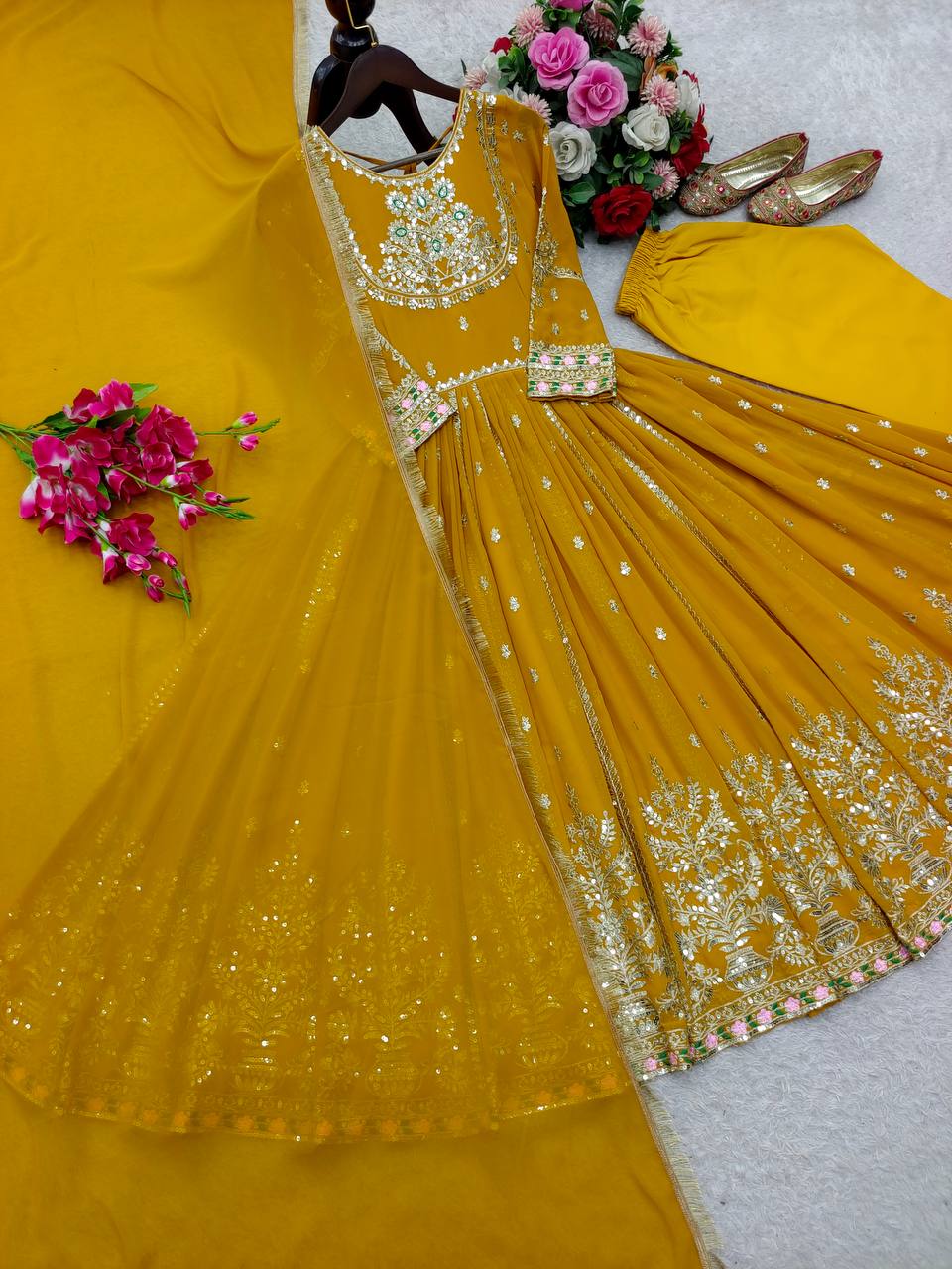 Presenting New Collection Heavy Pure Blooming Georgette Gown -Pent  Dupatta Set Fully Stitched Ready To Wear