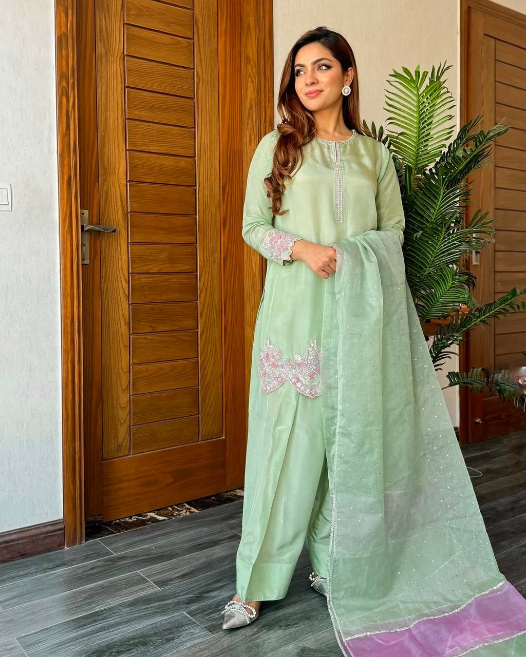 DESIGNER HEAVY NATURAL CREAP EMBROIDERED SEQUENCE WORK WITH FANCY TOP-PENT DUPATTA SET