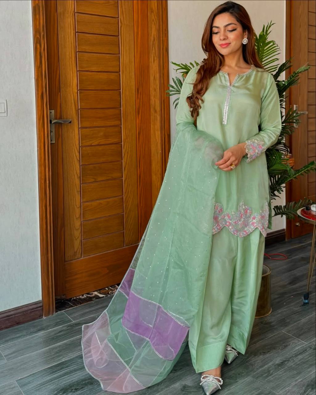 DESIGNER HEAVY NATURAL CREAP EMBROIDERED SEQUENCE WORK WITH FANCY TOP-PENT DUPATTA SET