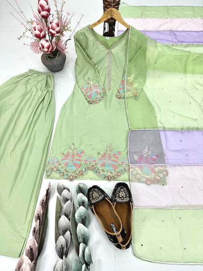 DESIGNER HEAVY NATURAL CREAP EMBROIDERED SEQUENCE WORK WITH FANCY TOP-PENT DUPATTA SET