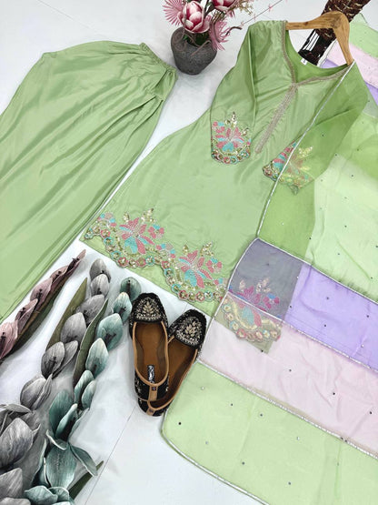 DESIGNER HEAVY NATURAL CREAP EMBROIDERED SEQUENCE WORK WITH FANCY TOP-PENT DUPATTA SET