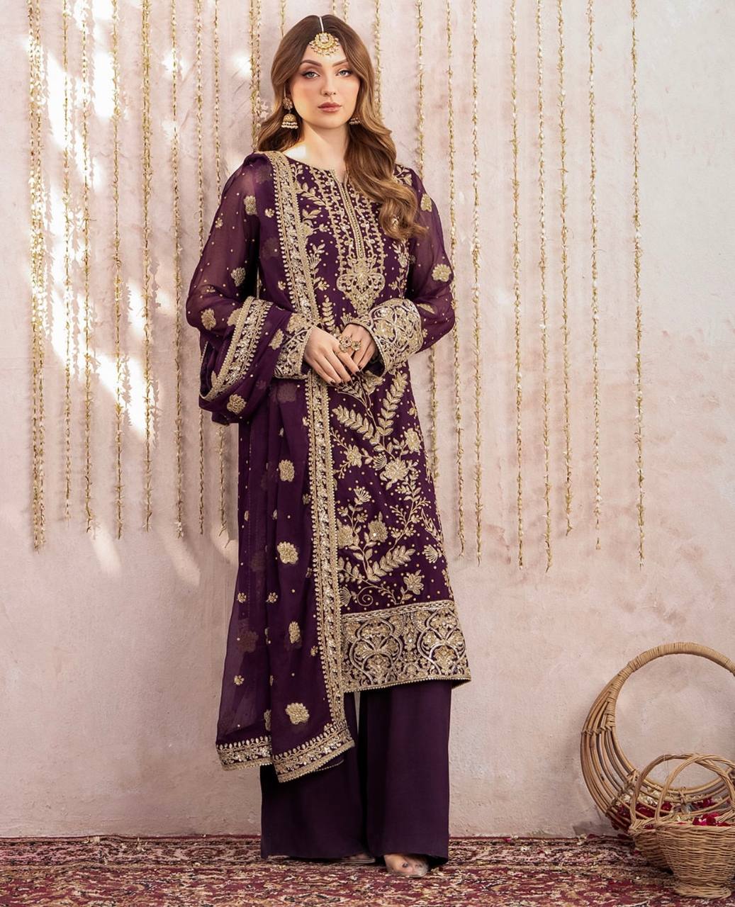 Purple Launching New Đěsigner Party Wear Look Heavy Fox Georgette Top Plazzo & Dupatta Set