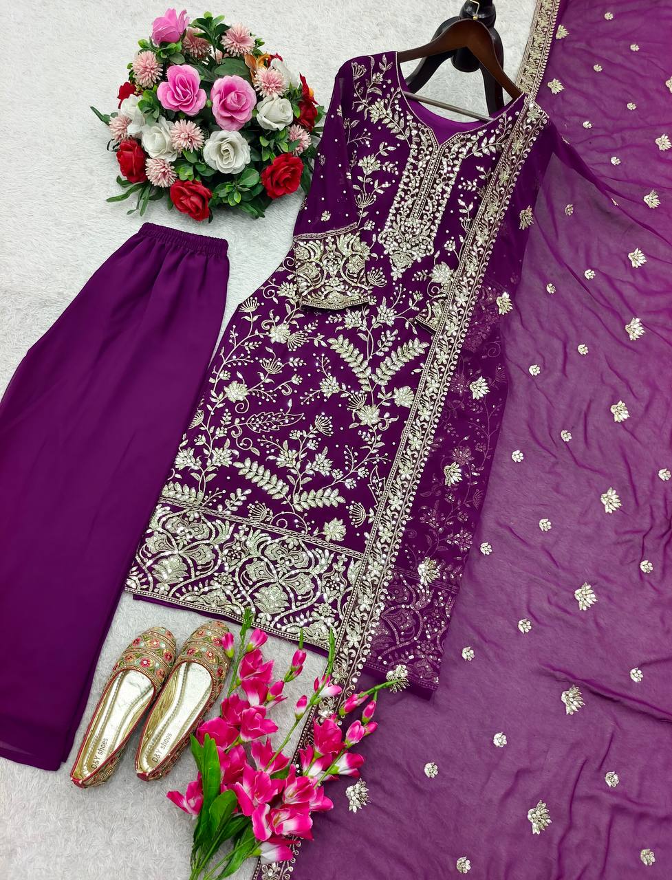 Purple Launching New Đěsigner Party Wear Look Heavy Fox Georgette Top Plazzo & Dupatta Set