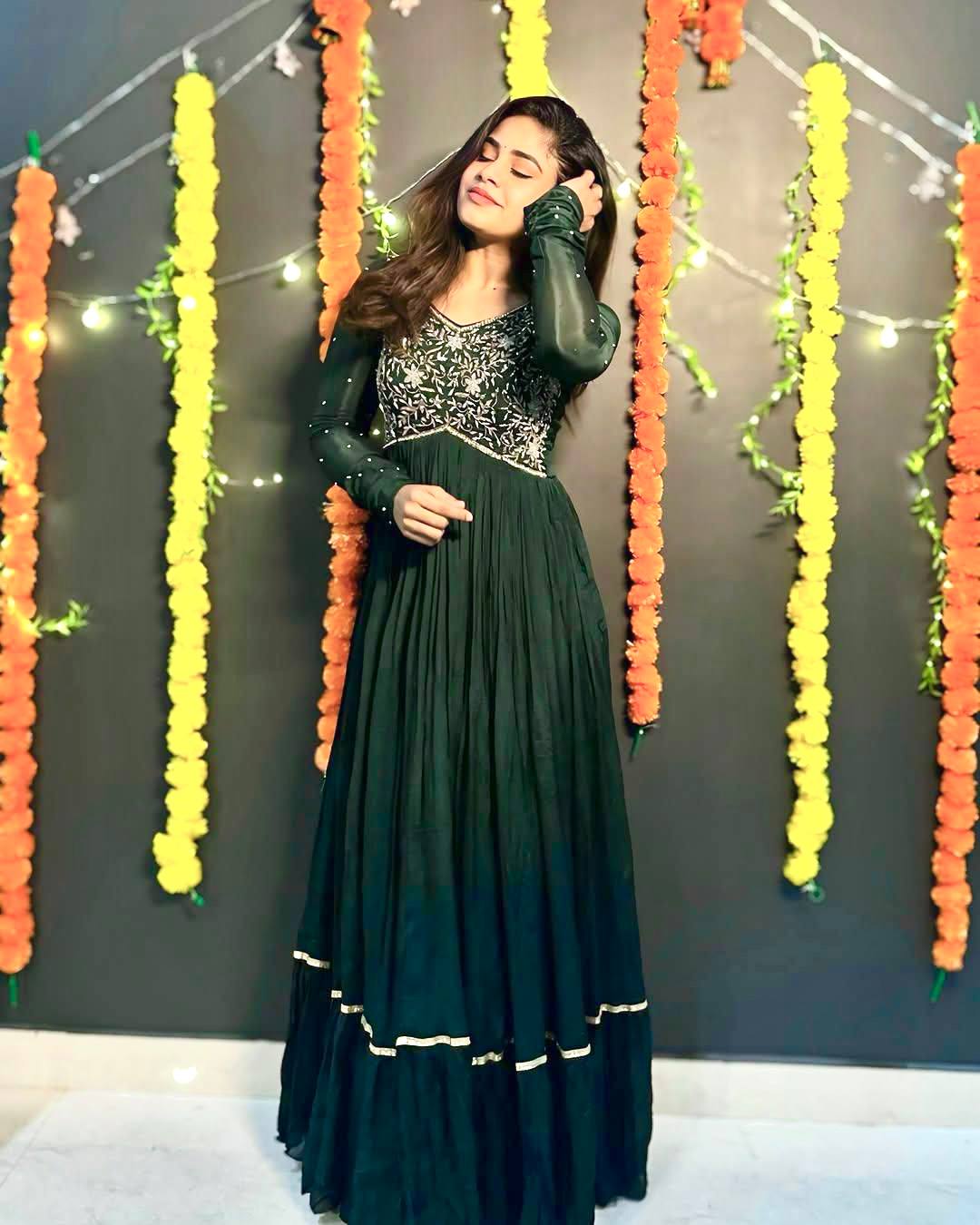 Dark green crap silk sequins embroidery work gown and dupatta