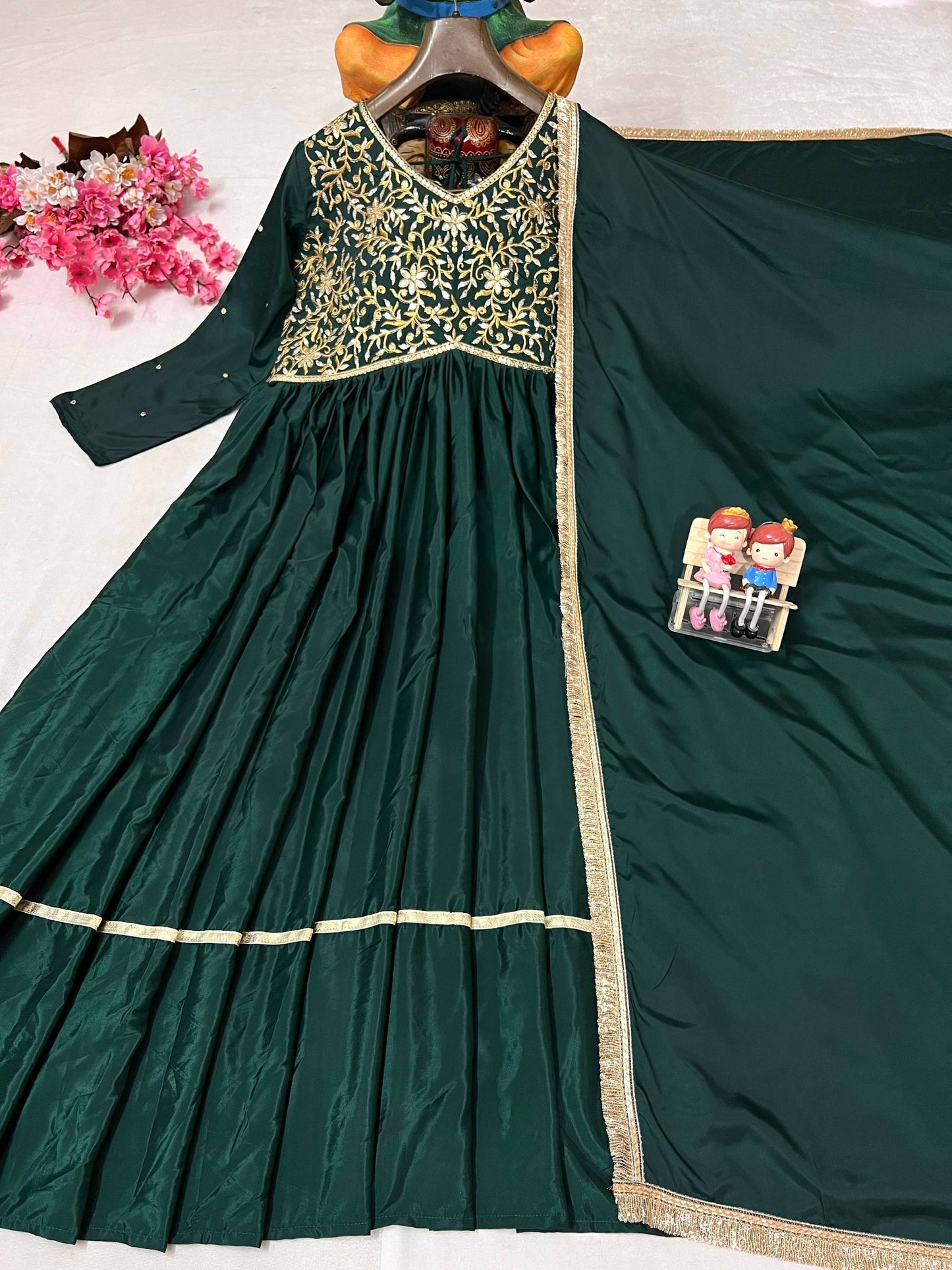 Dark green crap silk sequins embroidery work gown and dupatta