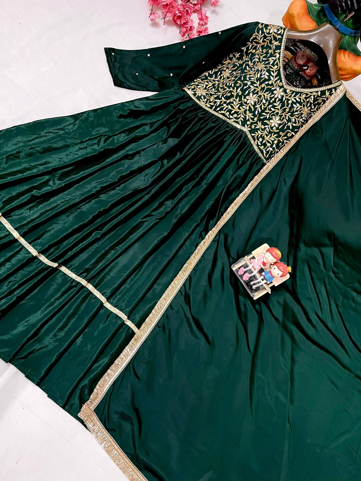 Dark green crap silk sequins embroidery work gown and dupatta