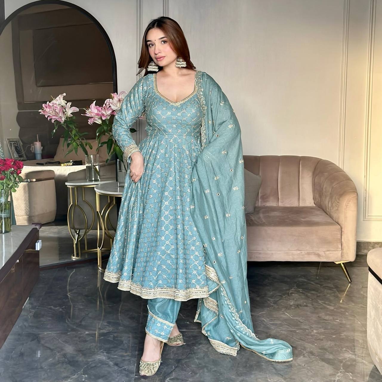 Sky blue heavy georgette embroidery sequence work ready to wear