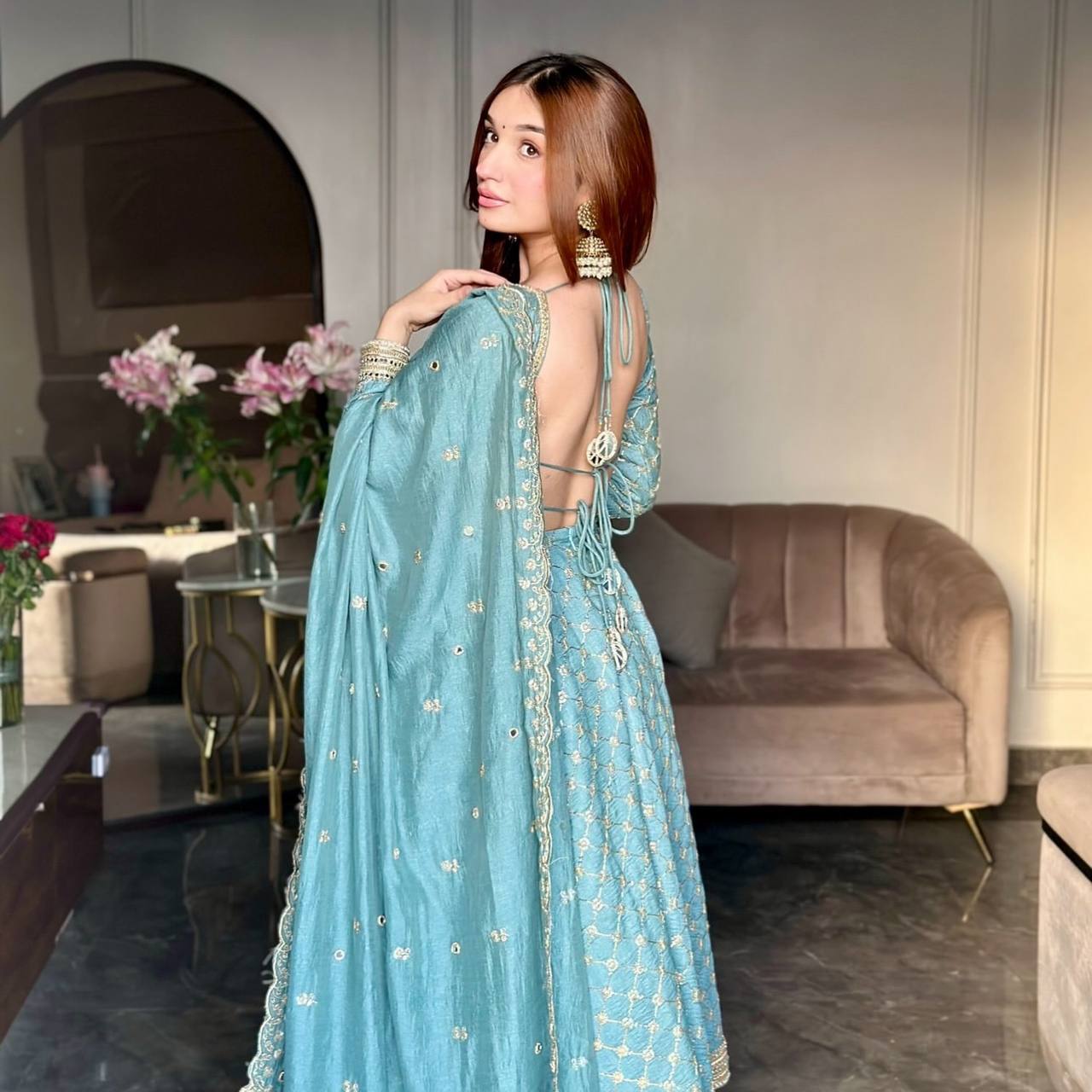 Sky blue heavy georgette embroidery sequence work ready to wear