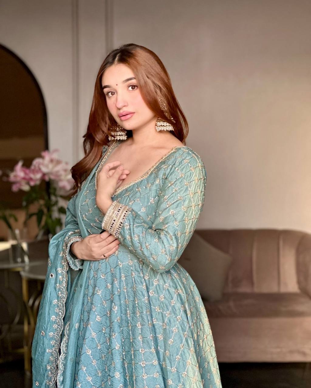Sky blue heavy georgette embroidery sequence work ready to wear