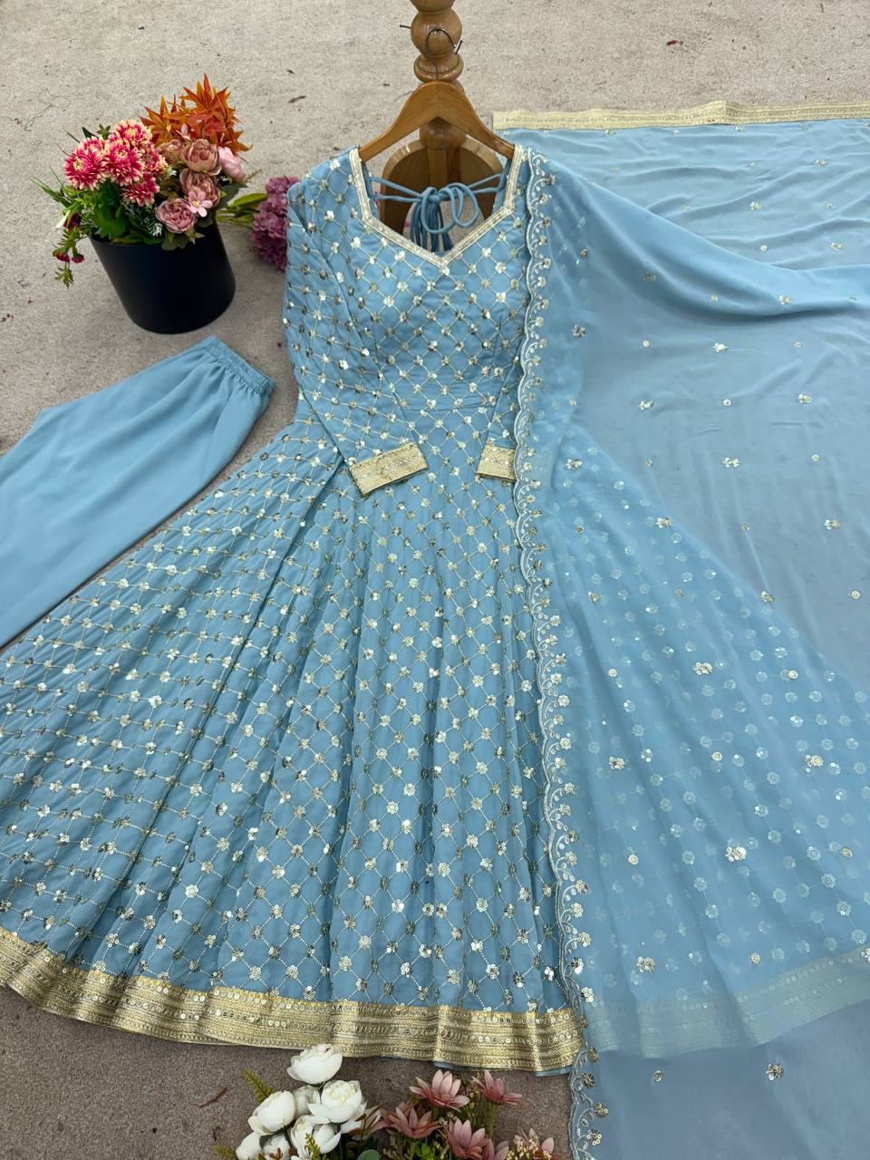 Sky blue heavy georgette embroidery sequence work ready to wear
