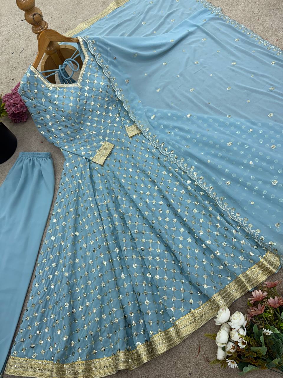 Sky blue heavy georgette embroidery sequence work ready to wear